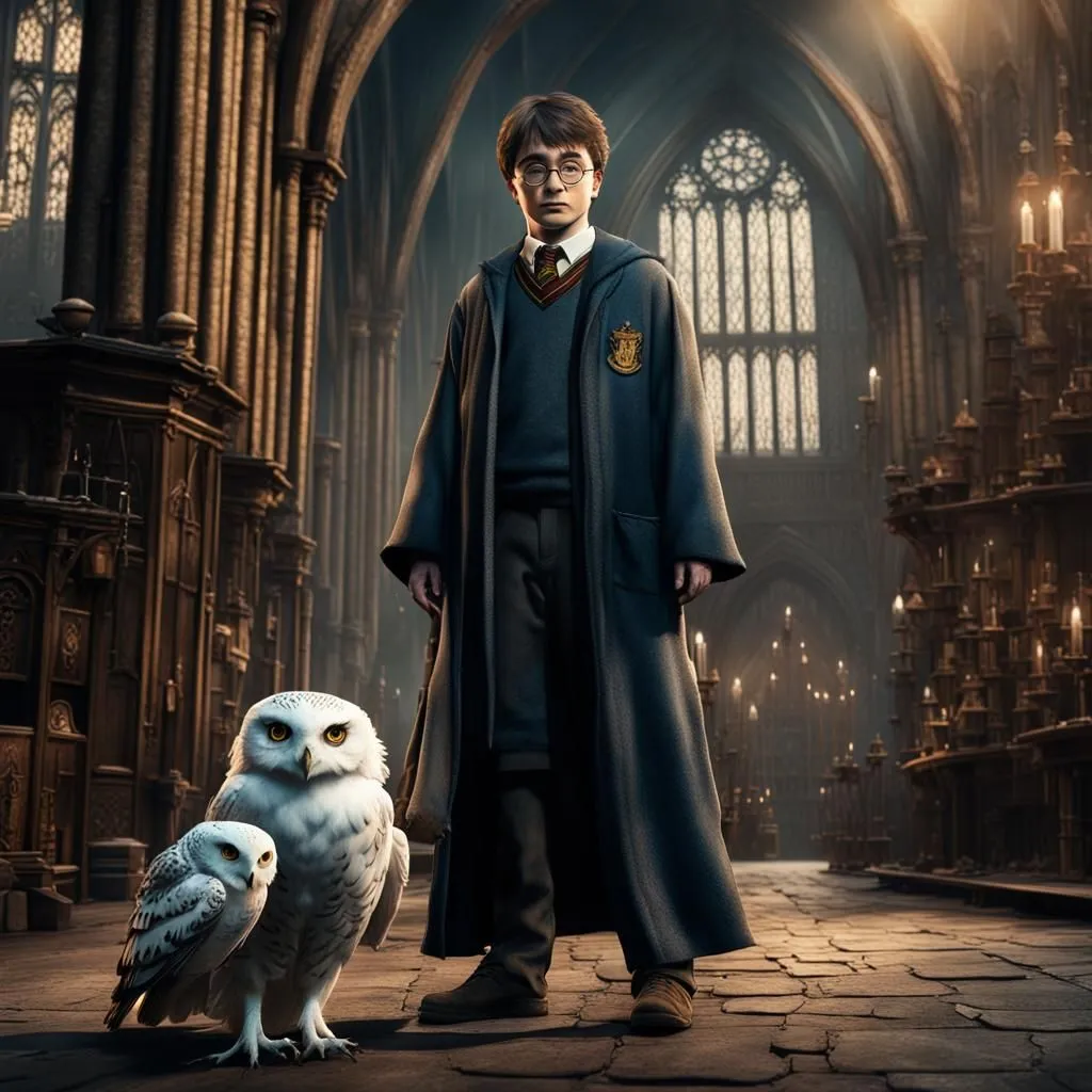 This is a picture of Harry Potter, a young wizard from the Harry Potter series. He is standing in a large, dark room with two owls. Harry is wearing his Hogwarts uniform, which consists of a black robe and a gray sweater. He has a wand in his hand. The owls are both white and have large, yellow eyes. They are perched on the ground in front of Harry.