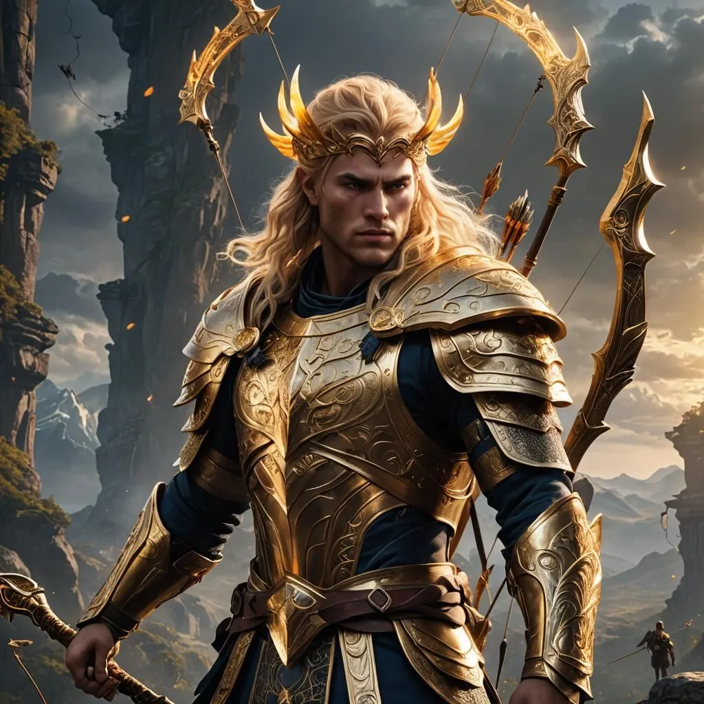 The image shows a male warrior standing in a rocky landscape. He is wearing golden armor and a horned helmet, and he is carrying a bow and arrow. He has long blond hair and blue eyes, and he looks like he is about to fire his arrow. In the background, there are mountains and a waterfall.