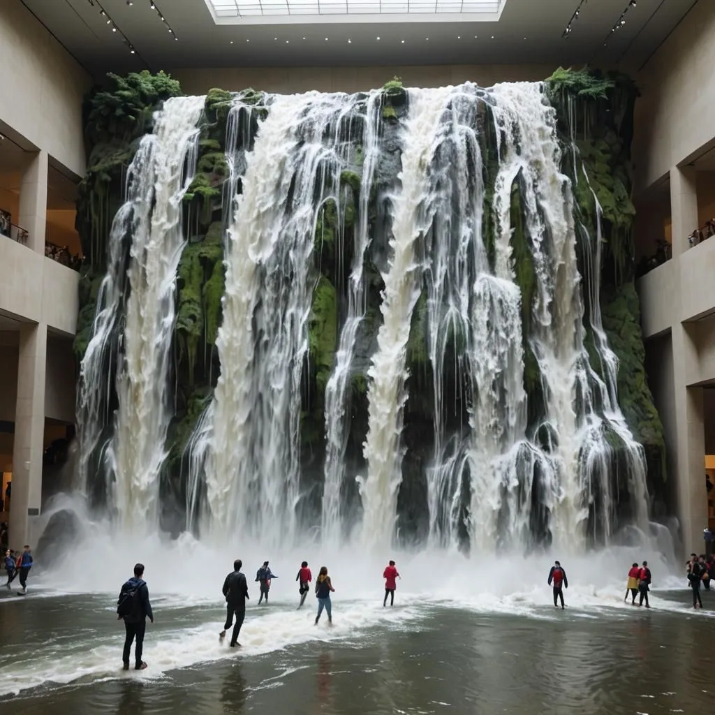 An artificial waterfall is created inside a building. The water cascades down a curved wall, creating a powerful and immersive experience. The waterfall is surrounded by a walkway, allowing visitors to get up close to the water. The sound of the waterfall is deafening, and the mist from the water creates a refreshing atmosphere. The waterfall is a popular tourist attraction, and it is easy to see why. It is a truly unique and unforgettable experience.