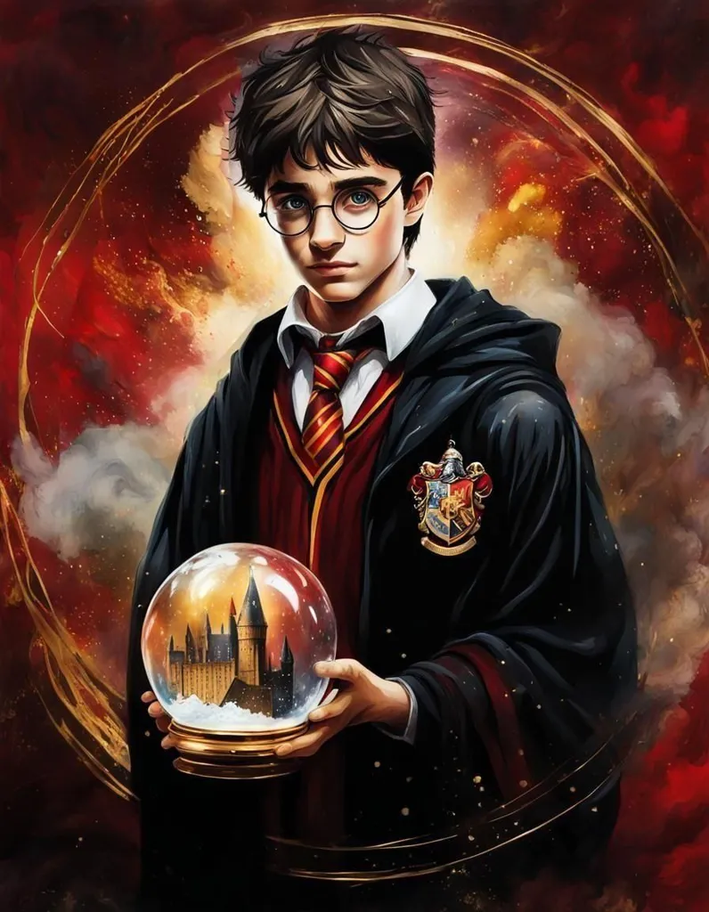 This is a painting of Harry Potter, a fictional character from the Harry Potter series of novels written by J.K. Rowling. He is depicted as a young boy with messy black hair, green eyes, and wearing his Hogwarts uniform. He is holding a snow globe in his hands. The background is a red and gold abstract pattern.