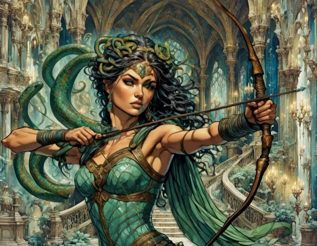 The image depicts a warrior woman with green-scaled snake hair, drawing a bow and arrow. She is dressed in a green and gold breastplate and a long green skirt with a slit up the leg. She has a quiver of arrows on her back and a snake coiled around her left arm. The background is a blur of green marble columns and a staircase leading up to a large double door.