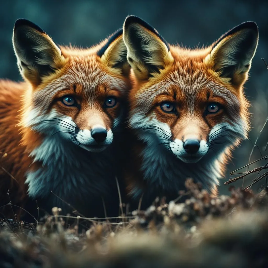 Two red foxes are sitting in the forest. They are looking at the camera. Their fur is orange and white. Their eyes are yellow and black. Their ears are pointed. Their tails are long and bushy. The background is blurry.