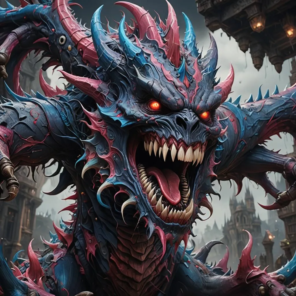 The creature had blue and red scales, with long sharp horns protruding from its head in all directions. Its eyes were a deep red, and its teeth were jagged and锋利的. Saliva dripped from its mouth as it let out a deafening roar that could be heard for miles around. The creature stood on two powerful legs, each of which had three sharp claws at the end. Its arms were long and muscular, and its hands were tipped with锋利的claws. The creature's tail was long and barbed, and it could use it to attack its enemies.