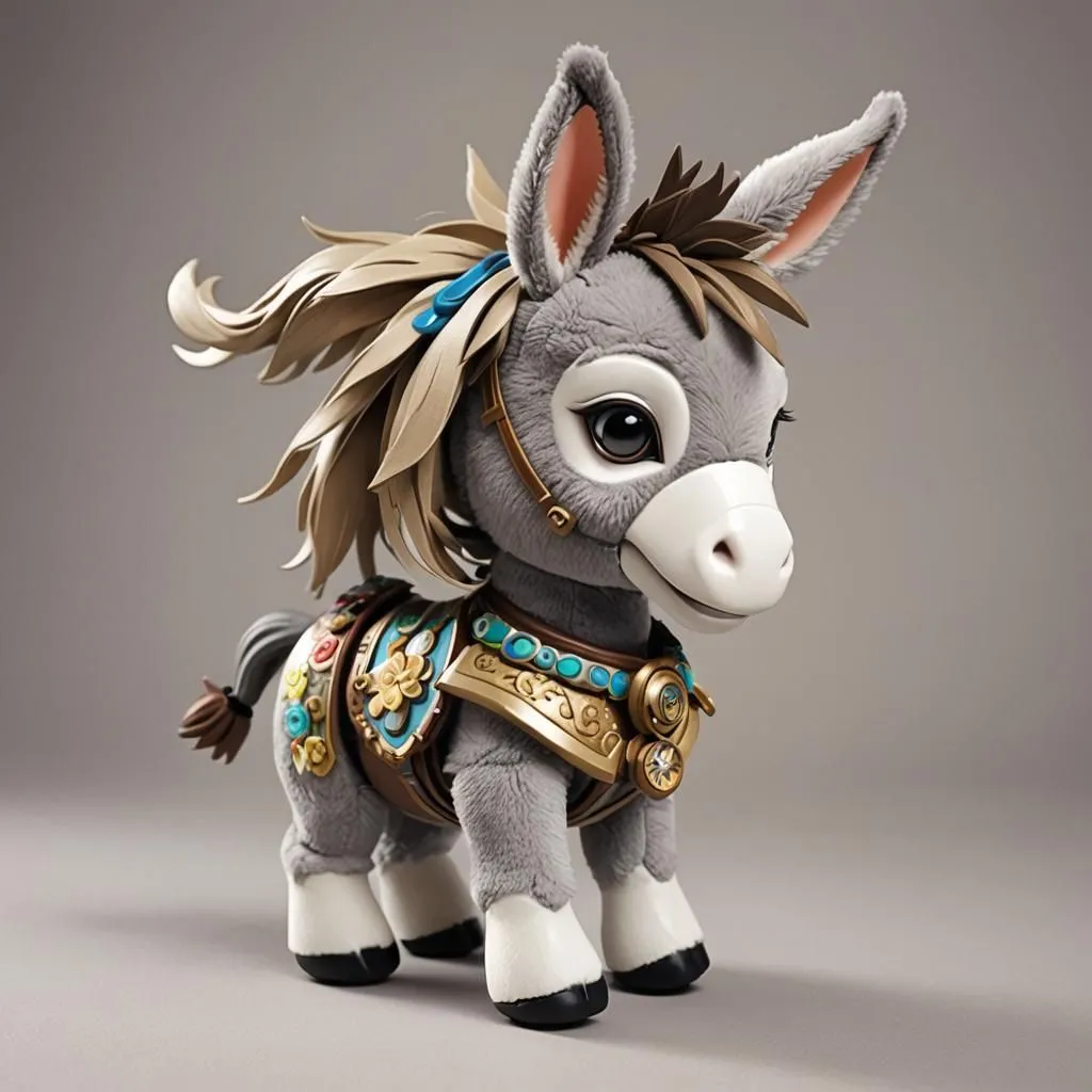 This is a 3D rendering of a stuffed animal donkey. It has light gray fur, a pink nose, and blue eyes. It is wearing a brown and gold harness with a turquoise gem in the center. It also has a flower-shaped charm on its left side. The donkey is standing on a light gray surface. It is looking at the viewer with a happy expression on its face.