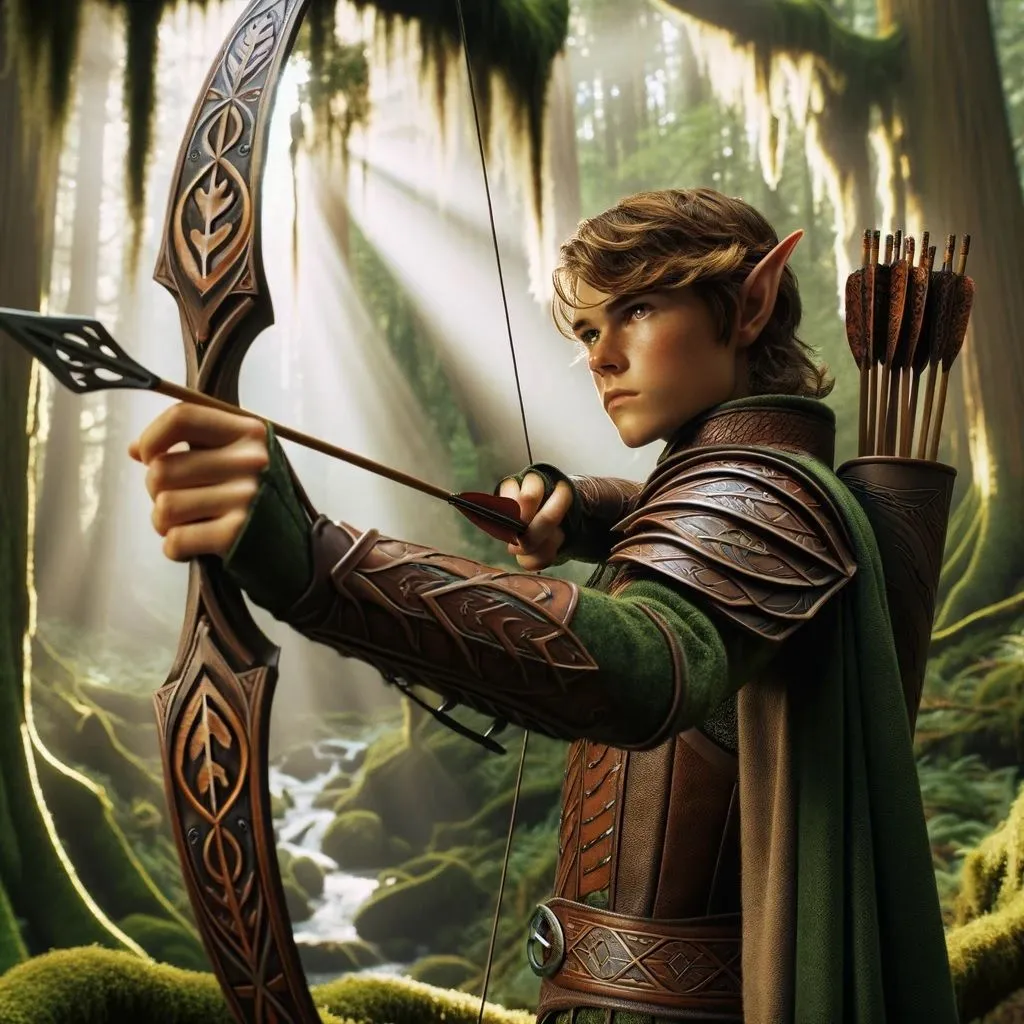 The image is of a young elf in a green tunic and brown leather armor. He is standing in a forest, drawing an arrow on his bow. He has a quiver full of arrows on his back. He is looking to his right, where an enemy may be.