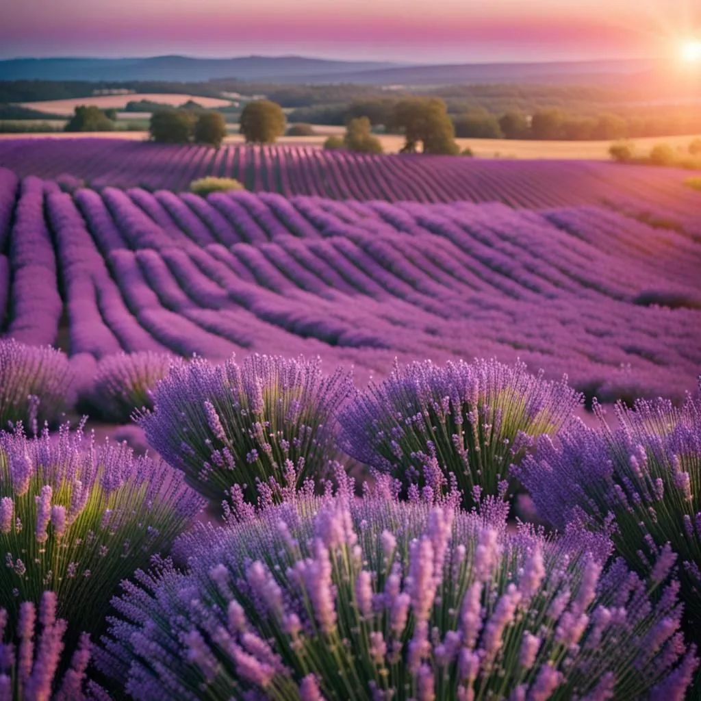 The image shows a field of lavender in bloom. The lavender is a beautiful purple color, and it is in full bloom. The field is large, and it is surrounded by trees and hills. The sun is setting, and the sky is a golden orange color. The scene is peaceful and relaxing.