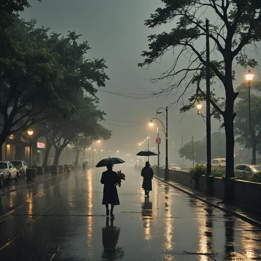 It's a rainy day. The street is wet and the trees are dripping. Two people with umbrellas are walking away from the camera. The street is lined with trees and cars are parked on either side. The rain is falling heavily and the people are walking quickly to get out of the rain. The image is in muted colors and the overall effect is one of gloom and sadness.