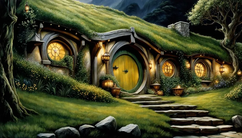 The image is of a hobbit hole, which is a type of house that is built into a hill. The hobbit hole has a round door and several windows. It is surrounded by a garden with flowers and plants. There is a path that leads up to the hobbit hole. The image is peaceful and serene, and it evokes a sense of wonder and magic.