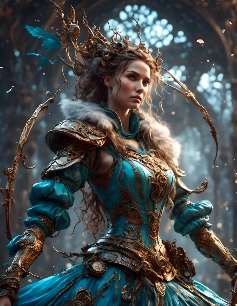 This is an image of a woman who looks like a warrior. She is wearing a blue and gold outfit and has a bow and arrow. Her hair is long and brown, and her eyes are blue. She is standing in a dark forest, and there are ruins in the background.