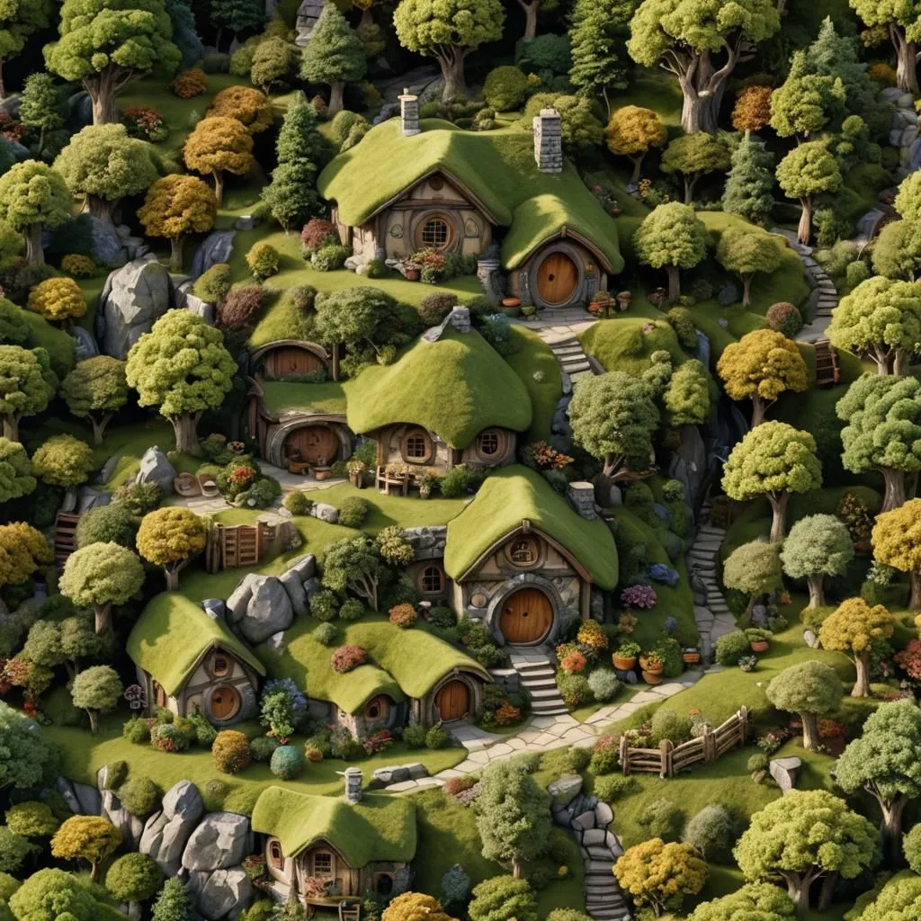 The image is of a group of hobbit holes in a lush green landscape. The hobbit holes are made of stone and have round doors and windows. They are surrounded by trees, flowers, and other plants. There is a path that winds through the village. The image is peaceful and serene.