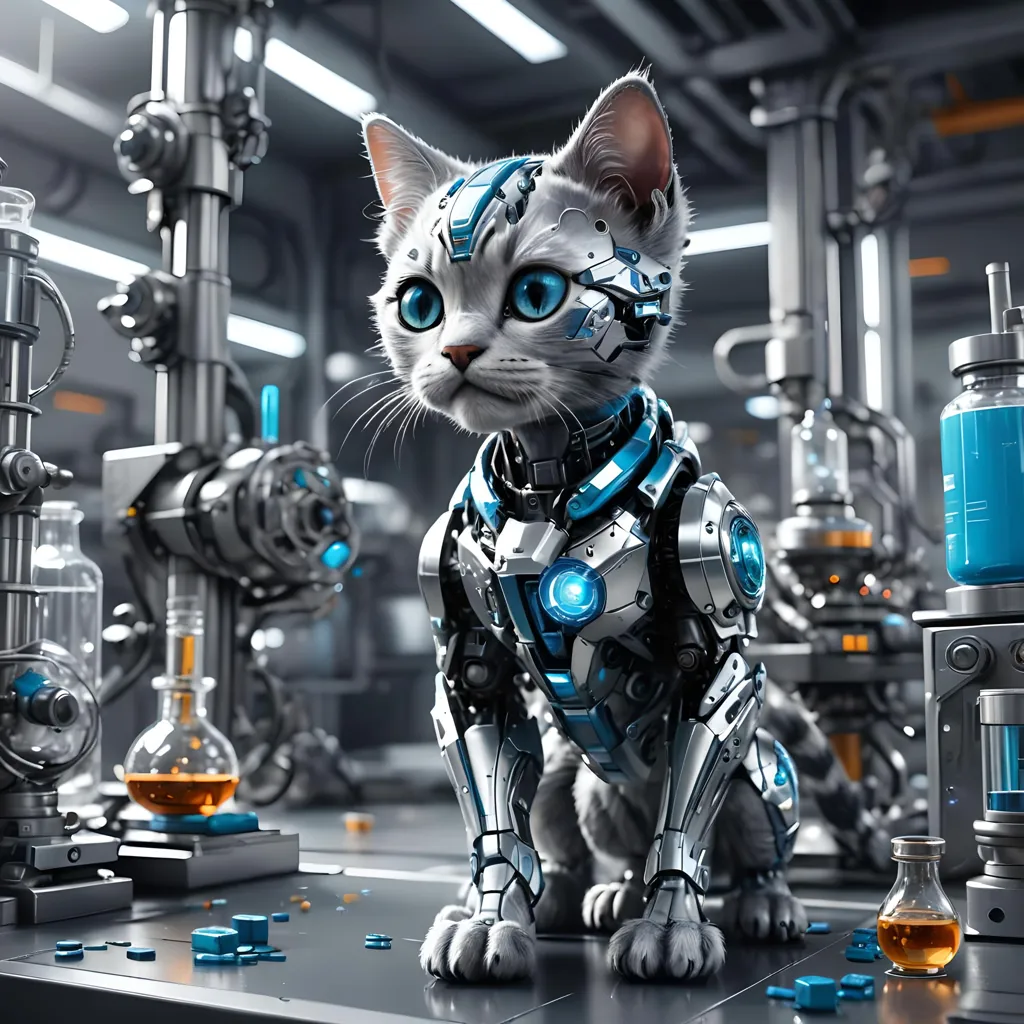 The image shows a robotic cat sitting on a table in a laboratory. The cat is white and gray, with blue eyes and a black nose. It is wearing a metal harness with blue lights on its chest. The laboratory is full of metal tables and shelves, and there are various beakers and other equipment on the tables.