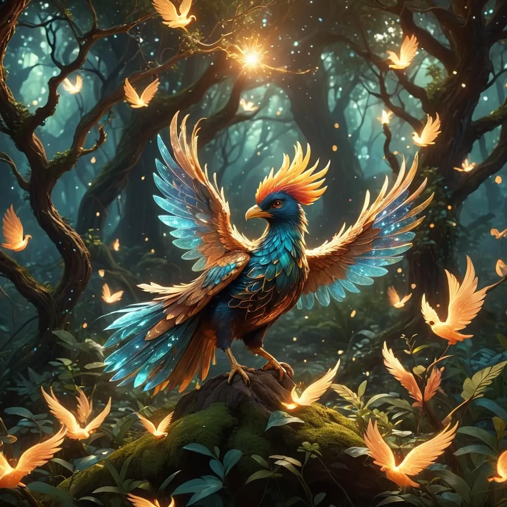 In a magical forest, there lives a majestic phoenix. Its feathers are a vibrant mix of blue, green, and gold, and its eyes are like two shining sapphires. The phoenix is perched on a rock, surrounded by lush vegetation. Fireflies dance through the air, adding to the magical atmosphere. The phoenix is a symbol of hope and renewal, and its presence in the forest is a reminder that even in the darkest of times, there is always light.