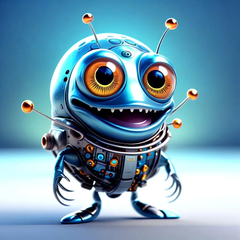 The image shows a small, blue robot with big, orange eyes. It has a round body with two arms and two legs. The robot is smiling and has a friendly expression on its face. It is standing on a white surface with a blue background. The robot is made of metal and has a shiny surface. It has six antennae sticking out of its head.