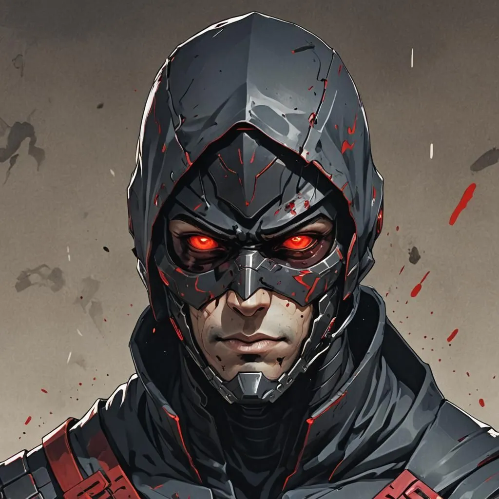 This is a picture of a man in a mask. His eyes are red and his mask is black and red. He is wearing a black suit with red stripes. He looks like a superhero.