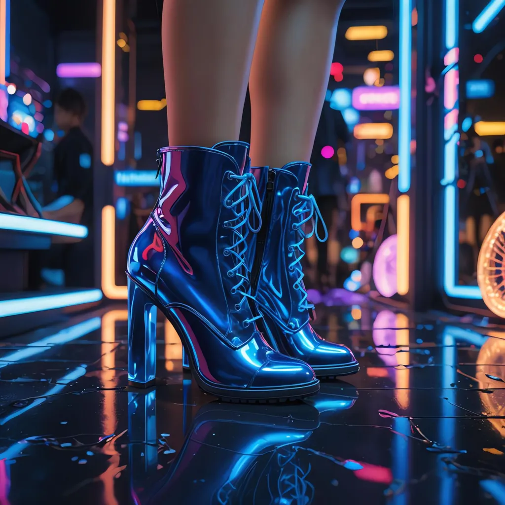 A woman is wearing a pair of blue boots. The boots are made of a shiny material and have a high heel. The woman is standing in a dark room with bright lights reflecting off the floor.