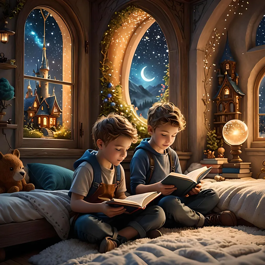 Two young boys are sitting on a bed in a cozy bedroom, reading books. The room is decorated with a starry night sky, and there are two large windows that look out onto a magical landscape with castles and mountains. The boys are both wearing casual clothes, and they are both engrossed in their books. The image is温馨的, and it captures the joy of reading.