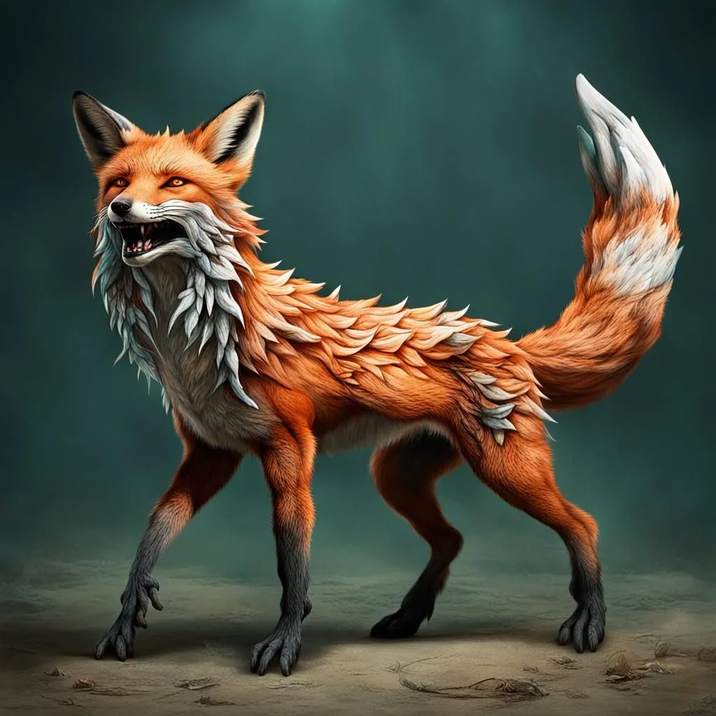 The image shows a majestic red fox with unique features. Its fur is adorned with white and orange feathers, giving it an otherworldly appearance. The fox's eyes are a piercing shade of amber, and its teeth are sharp and glistening. It is standing in a confident pose, showcasing its strength and agility. The background is a deep forest green, which makes the fox stand out even more. The fox's tail is long and fluffy, with white and orange feathers at the tip. The fox is standing on all four paws, and its ears are perked up, as if it is listening for something.