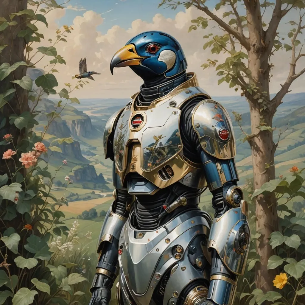 A robot with the head of a bird is standing in a field of flowers. The robot is wearing a suit of armor and has a gun on its hip. The background of the image is a forest.