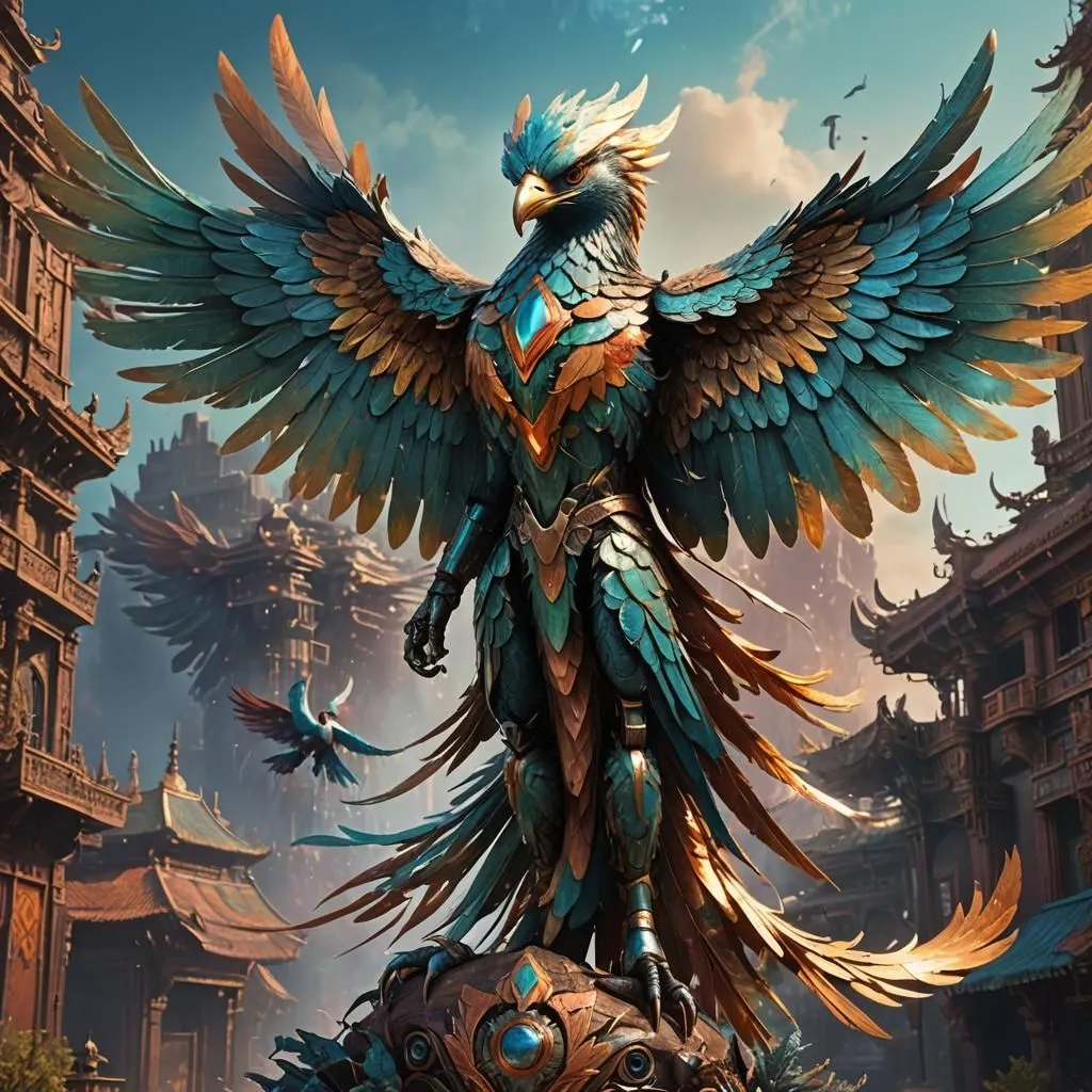 The image shows a majestic phoenix standing tall and proud in an oriental setting. The mythical creature is adorned with vibrant feathers that glisten in the sunlight, and its piercing eyes radiate power and wisdom. Its body is covered in golden armor, and it has a long, flowing tail that trails behind it. The phoenix is perched on a pedestal, and there are several buildings in the background. The overall atmosphere of the image is one of awe and wonder, as the phoenix is a symbol of hope, renewal, and immortality.