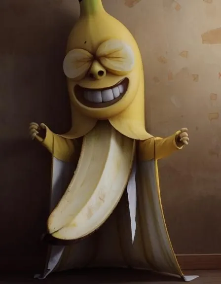 This is a 3D rendering of a banana. It has a peel that is partially removed, revealing a smiling face. The banana is standing with its arms outstretched, as if it is ready to give a hug. The background is a simple wall, which makes the banana stand out. The image is both funny and creative.