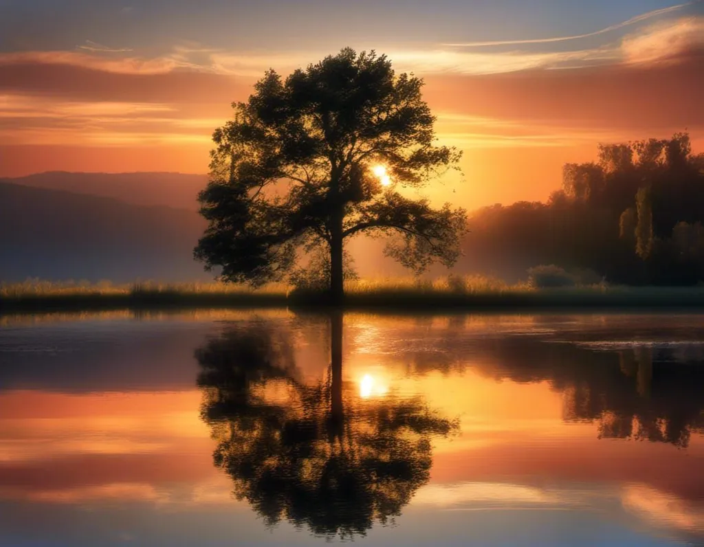 The setting sun casts a golden glow on the lake, trees, and grass. The sky is ablaze with color, and the water reflects the beauty of the sky. A lone tree stands in the foreground, its branches reaching out towards the sun. The scene is one of peace and tranquility.