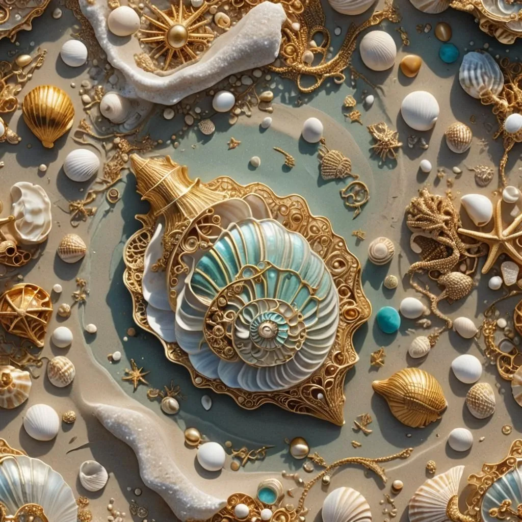 This image is a beautiful and intricate depiction of a variety of seashells. The shells are arranged in a pleasing pattern and the colors are vibrant and lifelike. The background is a sandy beach, which adds to the realism of the image. The overall effect is one of beauty and tranquility.