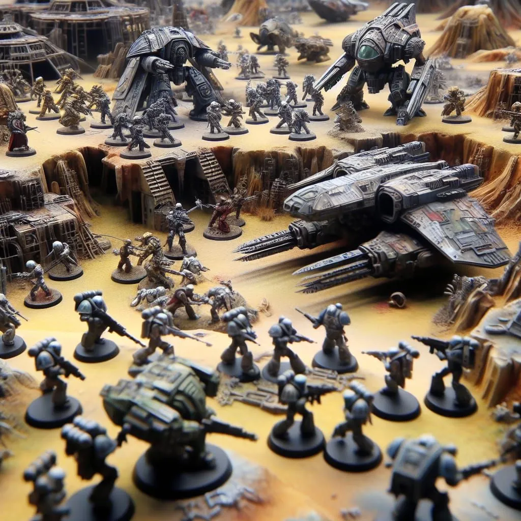 The image shows a tabletop wargame in progress. The game is set in a desert environment, and the two armies are fighting over a series of trenches and bunkers. The Imperial Guard is a well-organized force with a variety of units, including infantry, tanks, and artillery. The Orks are a more savage force, but they are also very numerous. The battle is fierce, and it is unclear who will win.