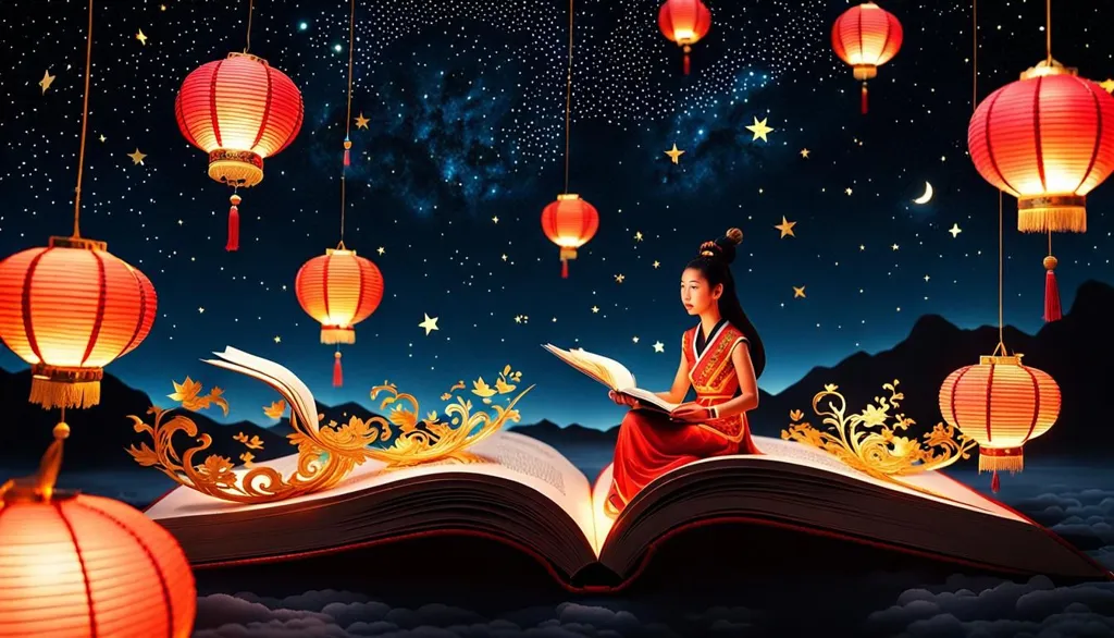 The image is a beautiful illustration of a girl reading a book. She is sitting on a large book, which is open in front of her. The book is decorated with intricate designs, and there are several red lanterns hanging from the top of the page. The girl is wearing a traditional Chinese dress, and her hair is long and black. She is reading a book about Chinese culture, and she is very excited about it. The background of the image is a starry night sky, and there are several mountains in the distance. The image is very peaceful and serene, and it captures the beauty of the Chinese culture.