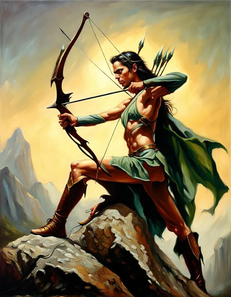 The picture shows a muscular, shirtless man with long dark hair, wearing only a green loincloth and boots. He is standing on a rock with his left leg forward, his right leg back, and his left hand drawing an arrow on a bow. He is looking to the side, his face is serious and determined. He has a quiver full of arrows on his back and is wearing two belts, one around his waist and one around his right thigh. In the background, there is a mountain range.