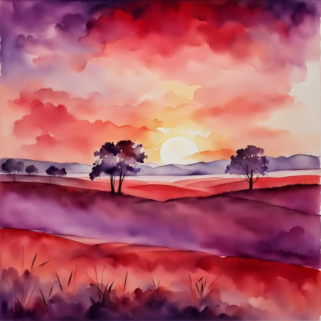 This is a watercolor painting of a sunset over a field of lavender. The sky is a gradient of purple and pink, with the sun setting in the center. The lavender field is in the foreground, with two trees on the left side. The painting has a soft, dreamy quality, and the colors are very vibrant.