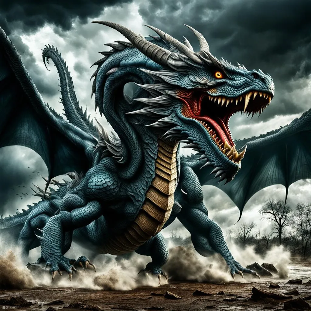 The dragon is a fearsome creature with a long, serpentine body covered in blue scales. It has a pair of massive wings that allow it to fly and a long tail that ends in a sharp point. The dragon's head is狰狞的, with a pair of sharp horns and a mouth full of jagged teeth. Its eyes are a deep, piercing yellow, and they glow with a fierce intensity. The dragon is standing on a rocky cliff, and it is surrounded by a storm. The wind is whipping around it, and the rain is pouring down, but the dragon does not seem to notice. It is focused on one thing: finding its next victim.