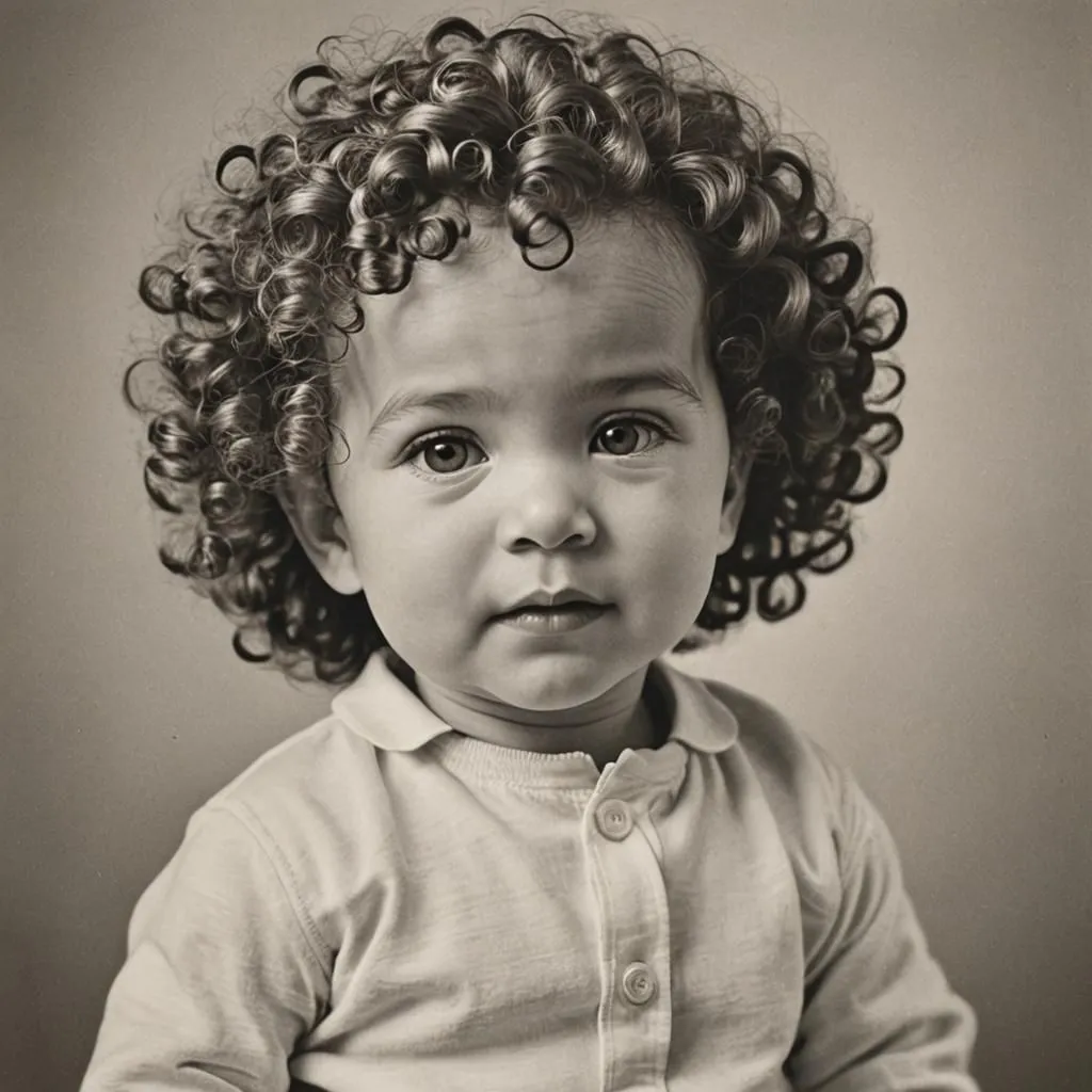 The photo shows a baby with curly hair. The baby is looking at the camera with big, dark eyes. The baby is wearing a white shirt. The baby's hair is dark and curly. The baby's skin is light and smooth. The baby's lips are slightly parted. The baby's cheeks are rosy. The baby's nose is small and upturned. The baby's eyes are dark and almond-shaped. The baby's eyelashes are long and dark. The baby's eyebrows are thin and arched. The baby's face is round and chubby. The baby's head is covered in curly hair. The baby is sitting in a high chair. The baby's hands are resting on the tray of the high chair. The baby's feet are not visible.