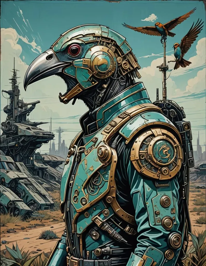 The image is a painting of a robot that looks like a bird. It is standing in a desert landscape, with a large tower in the background. The robot is wearing a helmet and a suit of armor. It has a large beak and a pair of wings. There are two small birds perched on the robot's shoulders.