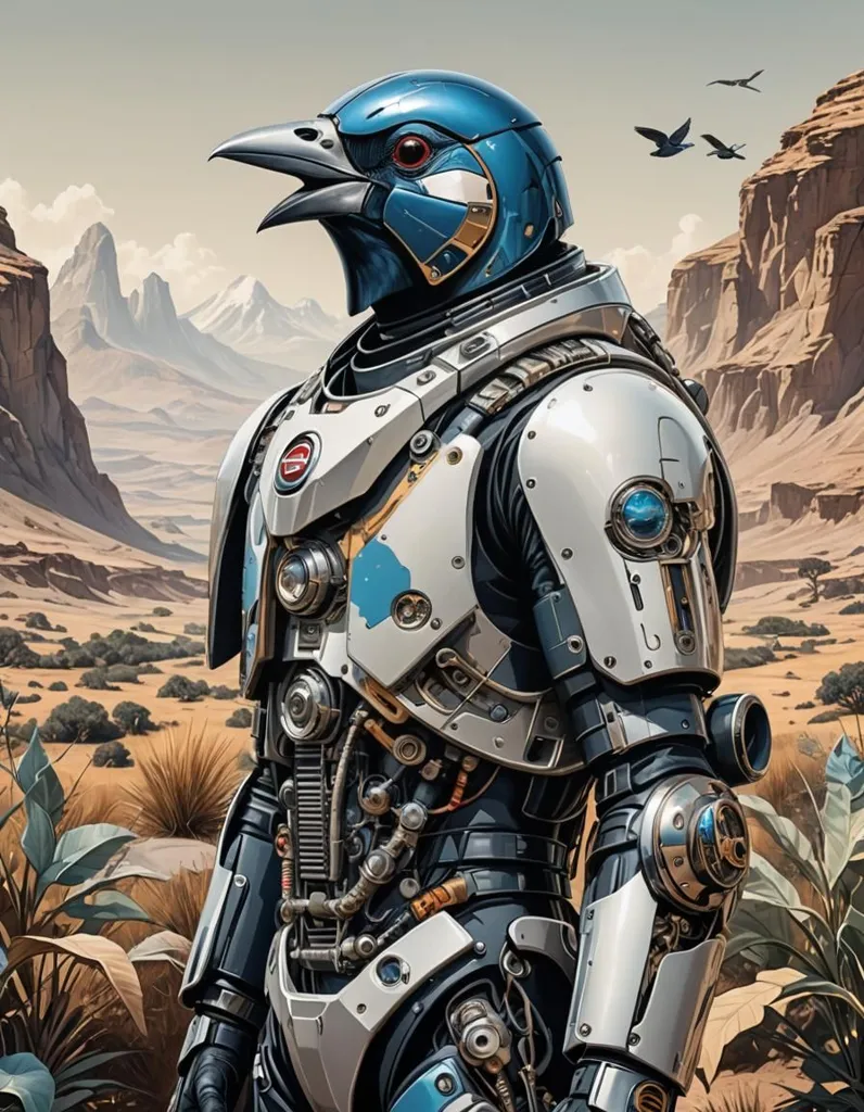 The image is a digital painting of a blue and white robot that is half bird and half human. It is standing in a desert landscape with a rocky mountain in the background. The robot is wearing a white and blue suit of armor and has a bird-like head with a beak and feathers. It is also has glowing blue eyes.