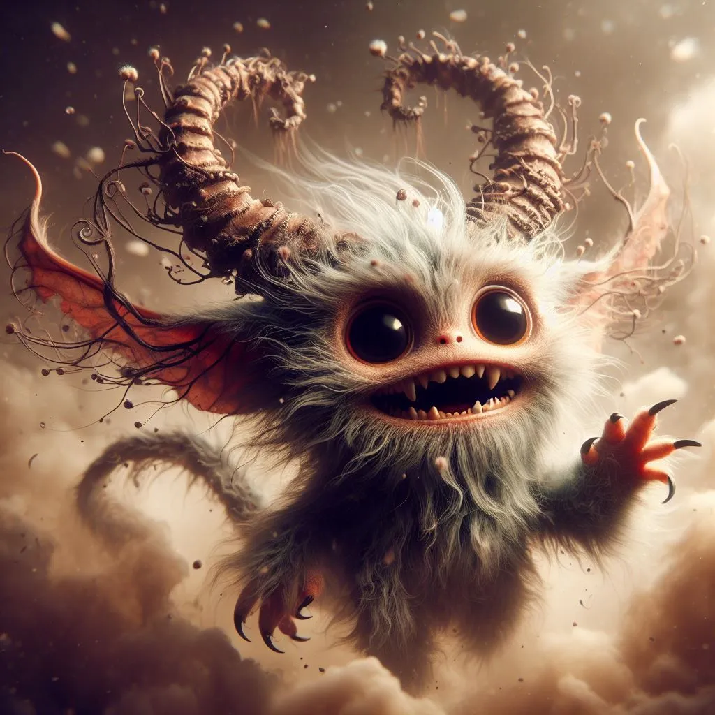 The creature has pale gray fur, large, fluffy ears, and tiny, nub-like horns. Its eyes are wide and black, with no visible irises or pupils. It has a wide mouth that is pulled into a mischievous grin, revealing sharp, pointed teeth. The creature's body is covered in a thick layer of fur, and it has long, spindly arms and legs. Its hands and feet are tipped with sharp claws. It has a pair of tattered wings that are too small to allow it to fly.