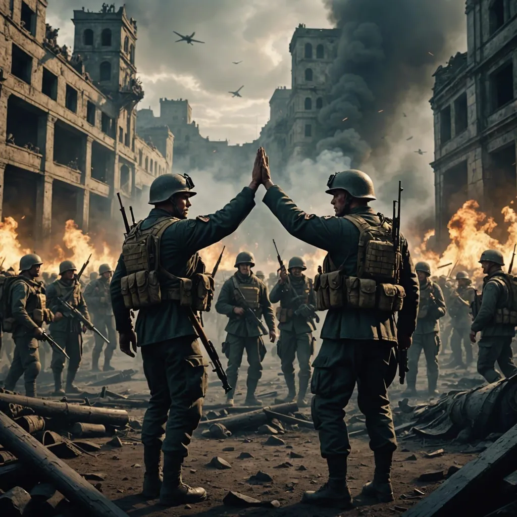 The image shows a group of soldiers in a war zone. The soldiers are from different countries and are fighting against each other. The scene is one of chaos and destruction. There are explosions and fires everywhere. The soldiers are all armed with guns and are fighting for their lives. In the midst of all this chaos, two soldiers from opposite sides find themselves face to face. They are both exhausted and scared, but they also recognize the humanity in each other. They decide to put down their weapons and shake hands. This is a moment of hope in the midst of all the darkness. It is a reminder that even in the worst of times, there is always the possibility of peace.