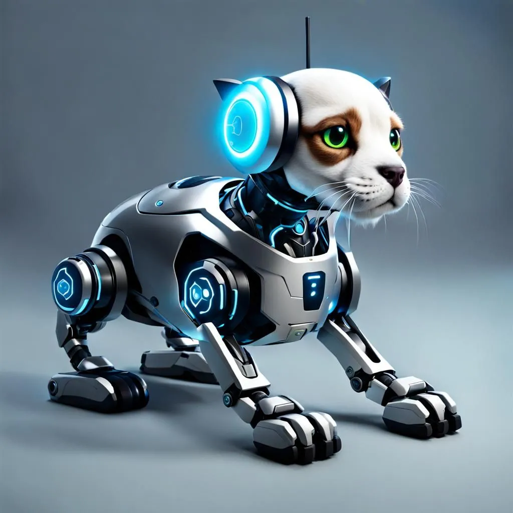 The image shows a robotic cat with white and brown fur. It has blue eyes and is wearing a pair of headphones. The cat is crouched on all fours and is looking to the right. It has a metal body with blue lights on its chest and legs. The cat's tail is also made of metal and has a light at the end.