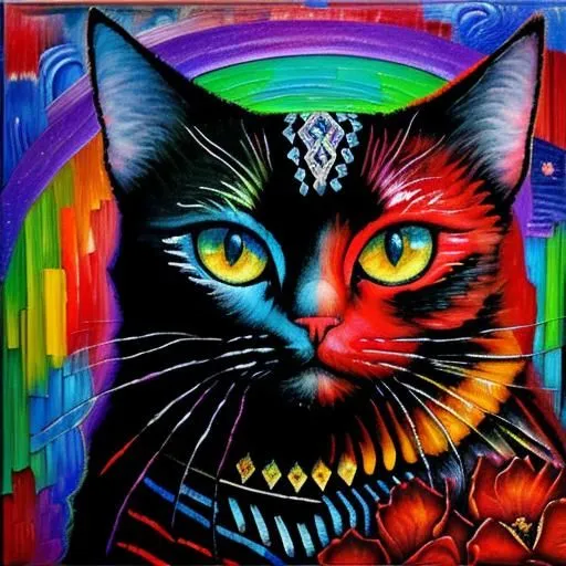 A painting of a cat with vibrant colors. The cat has one blue and one yellow eye and is looking at the viewer. The cat's fur is black, red, and blue, and the background is a rainbow of colors. The painting has a psychedelic look and feel, and it is unclear what the artist was trying to convey.