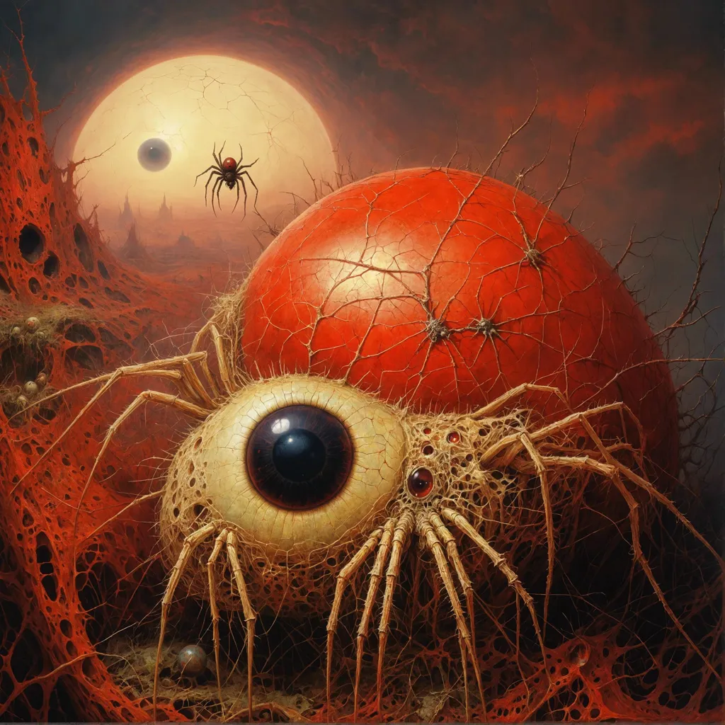 The image is a surreal and nightmarish depiction of a spider. The spider is large and bulbous, with a single large eye and a mouth full of sharp teeth. It is covered in a web-like material and is surrounded by a barren landscape. The background is a dark red, and there are two moons in the sky. The image is full of tension and dread, and it is clear that the spider is a dangerous and powerful creature.