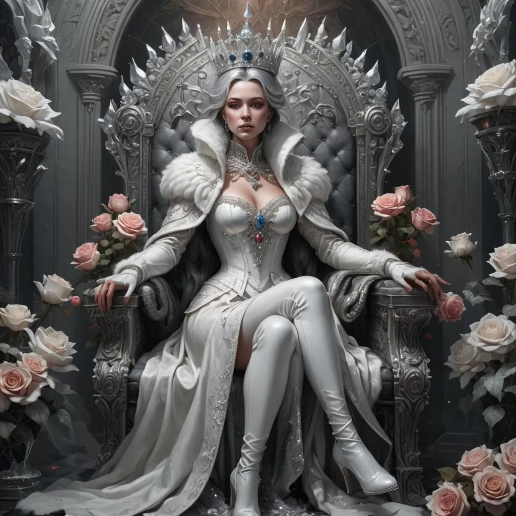 The Snow Queen sits on her throne of ice and snow. She is a beautiful woman with long white hair and piercing blue eyes. She wears a white dress with a high collar and a long train. Her feet are bare, and her legs are covered in white boots. The Snow Queen is surrounded by roses, which are her favorite flowers. She is a powerful and孤独的女人，她统治着冰雪王国。她很少被人看到，但当她被人看到时，她总是穿着白色。她有一头银白色的长发，一双蓝色的眼睛，她的皮肤很白。她穿着一件白色的长裙，裙子上有很多蕾丝花边。她的头上戴着一顶皇冠，皇冠上有很多钻石。她坐在一个冰雪做的宝座上，她的宝座旁边有两朵盛开的玫瑰花。