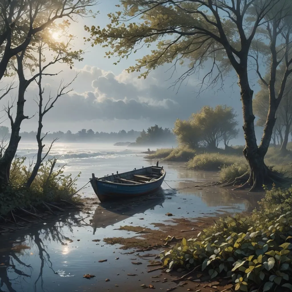 The sun is shining through the trees and reflecting off the water. A boat is sitting on the shore. The sky is blue and cloudy. The trees are green and lush. The water is calm and still. The overall effect is one of peace and tranquility.