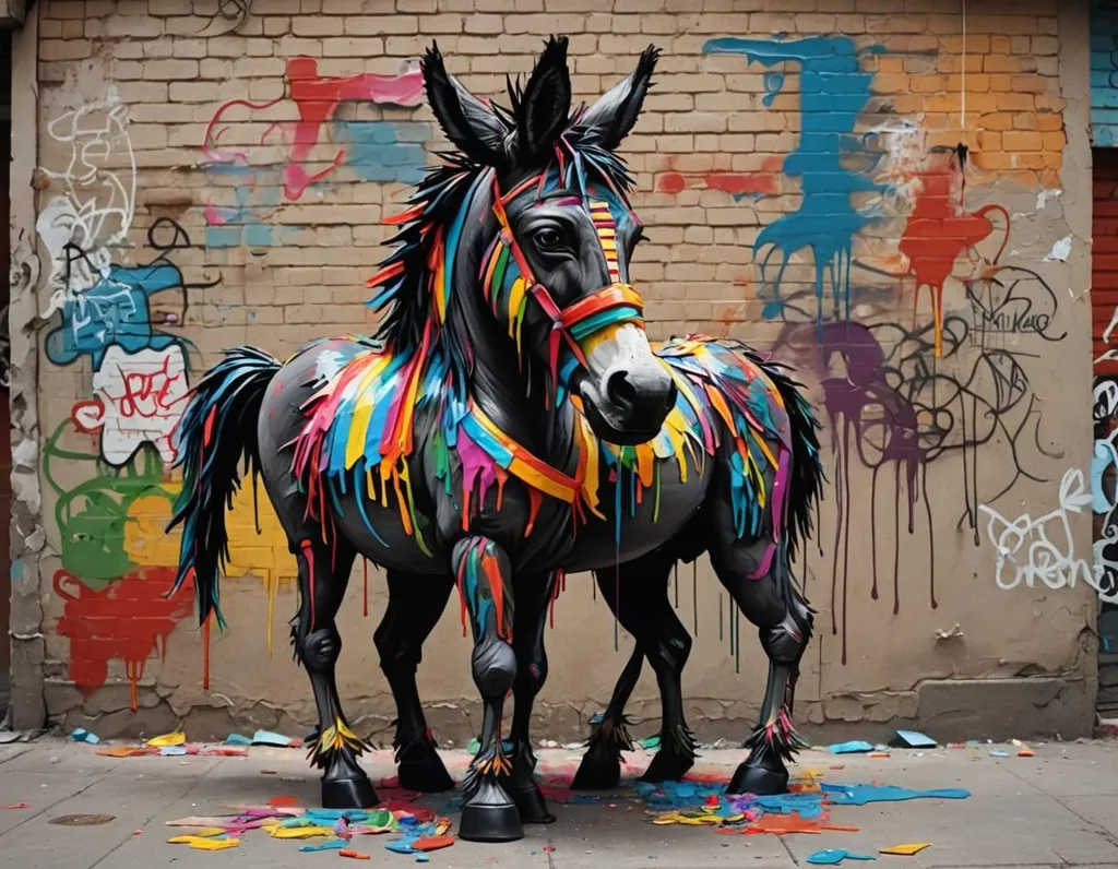 A life-size sculpture of a donkey stands in front of a brick wall. The donkey is painted in bright colors, with each section of its body a different color. The colors are splattered and dripped, giving the donkey a unique and eye-catching appearance.