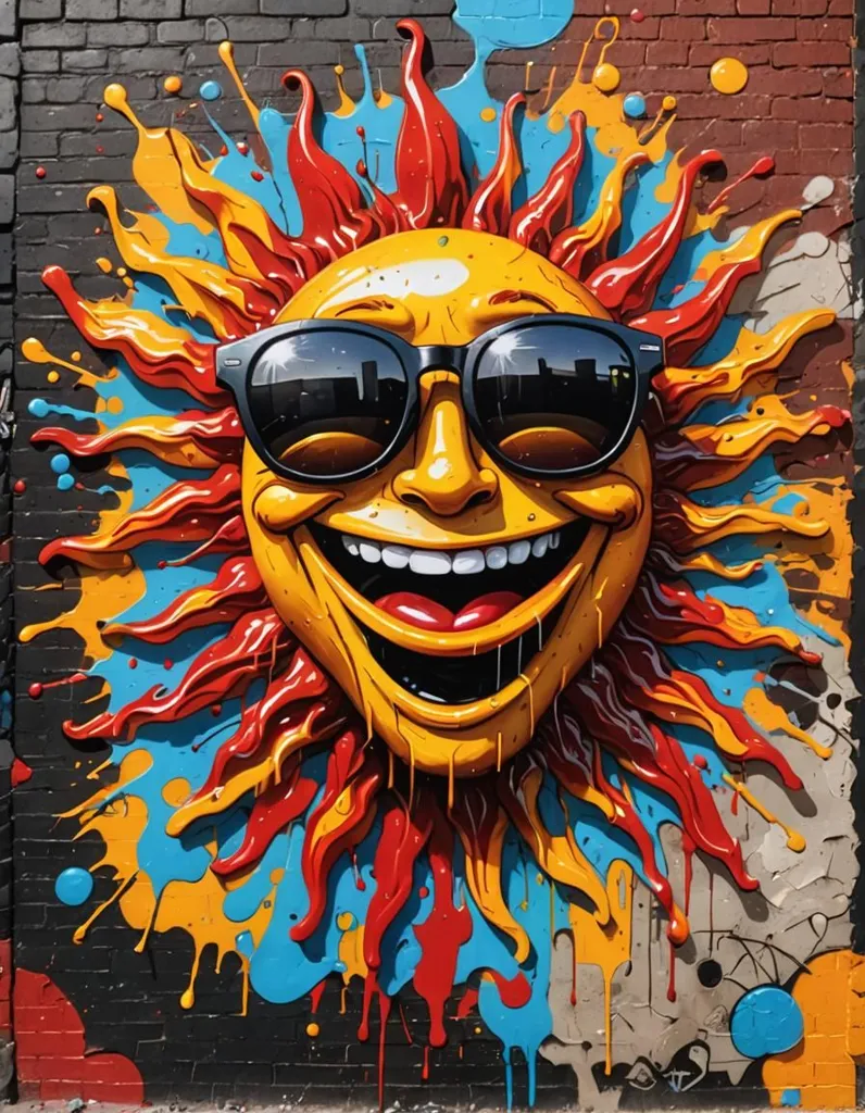 A street art of a smiling sun wearing sunglasses. The sun is yellow with red, orange, and blue rays. It has black sunglasses with a reflection of the city in them. The sun is smiling with its teeth showing. The background is a brick wall with blue and yellow paint splatters.