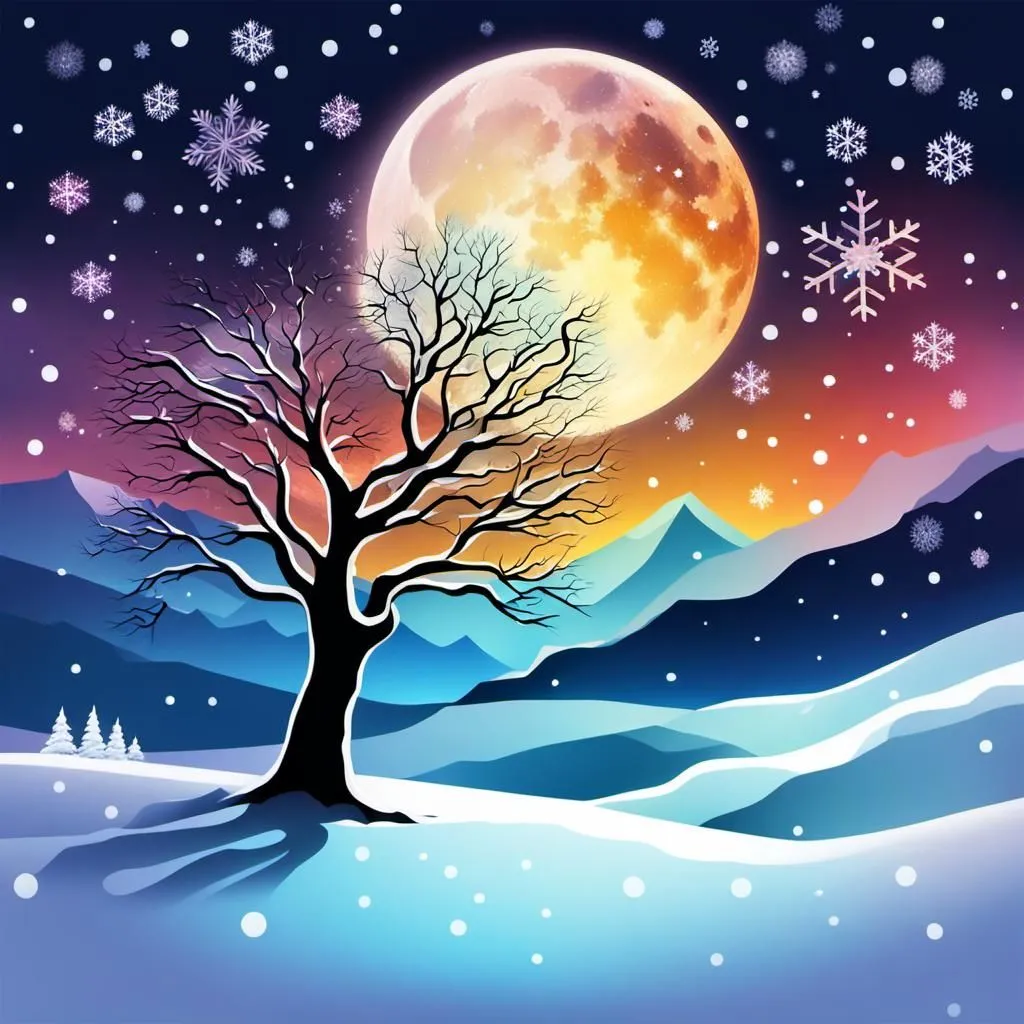 The full moon is rising over a winter landscape. The snow is falling heavily, and the trees are bare. The mountains in the distance are covered in snow. The scene is beautiful and peaceful.雪花紛々の中、満月が昇る冬の景色です。雪は降りしきり、木々は葉を落としています。遠くにそびえる山々には雪が積もっています。美しいで静かな風景です。