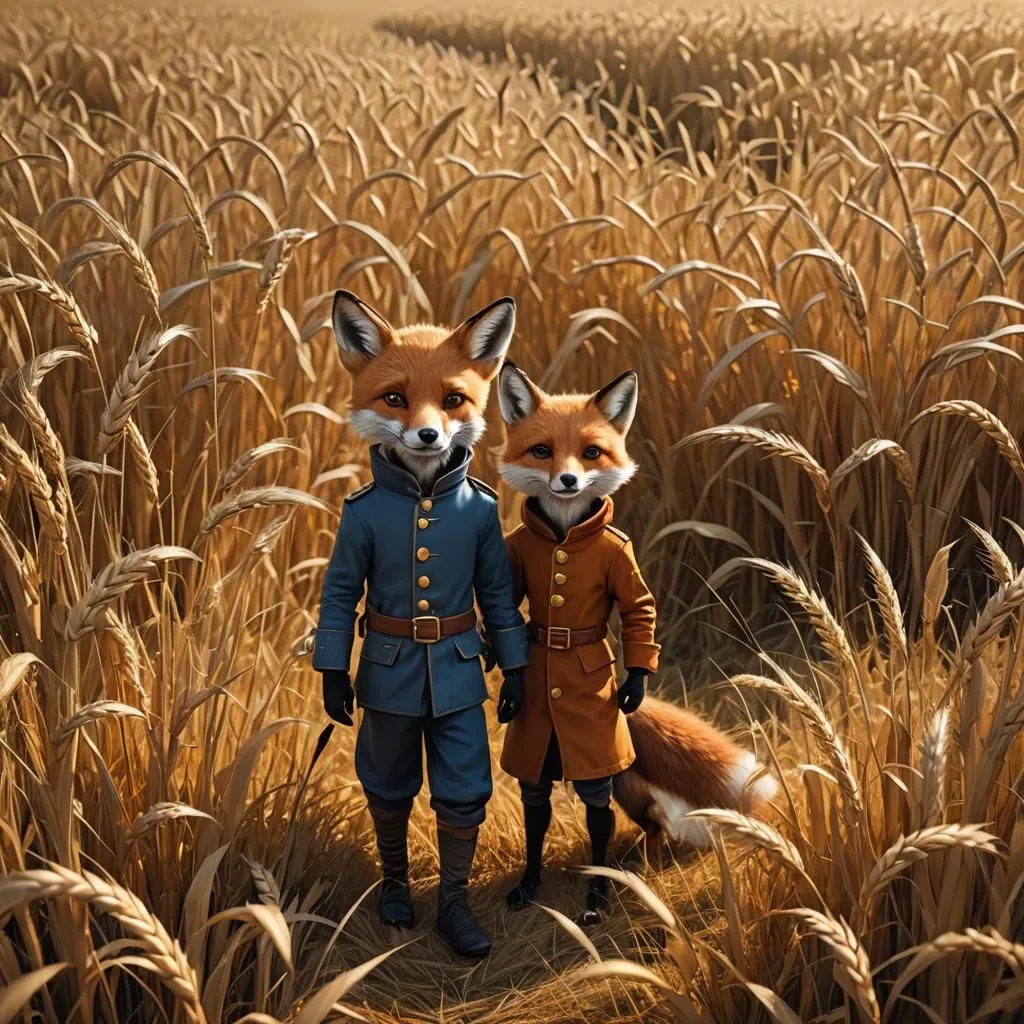 In a golden wheat field, two foxes stand tall and proud. They are dressed in military uniforms, complete with caps, coats, and boots. The foxes' eyes are sharp and alert, and their tails are held high. One fox is holding a sword, and the other is carrying a rifle. They seem to be on guard, ready to protect their territory from any threat.