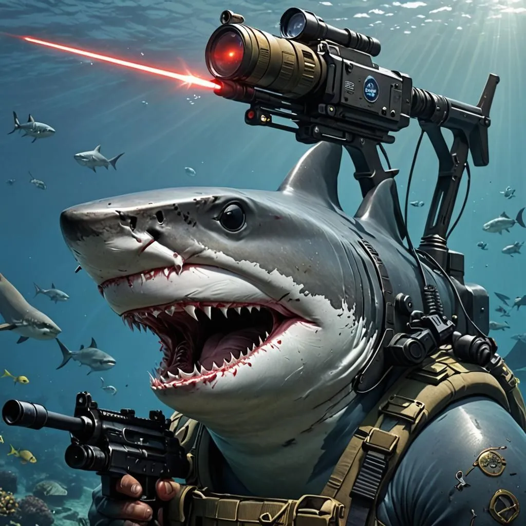 The image shows a shark wearing a military-style vest and a helmet with a laser sight and a camera. It is also carrying a gun. The shark is swimming in a deep blue sea, surrounded by fish. The shark's eyes are wide and its mouth is open, showing its sharp teeth. It looks like it is ready to attack.