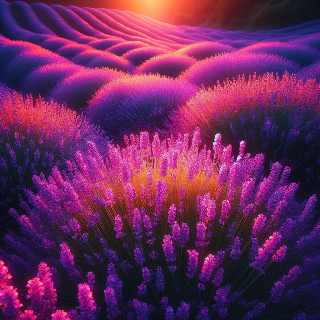 The image is of a lavender field at sunset. The lavender is in full bloom and the sun is setting behind it. The sky is a deep orange and the lavender is a vibrant purple. The field is rolling and there are hills in the background. The image is very peaceful and serene.