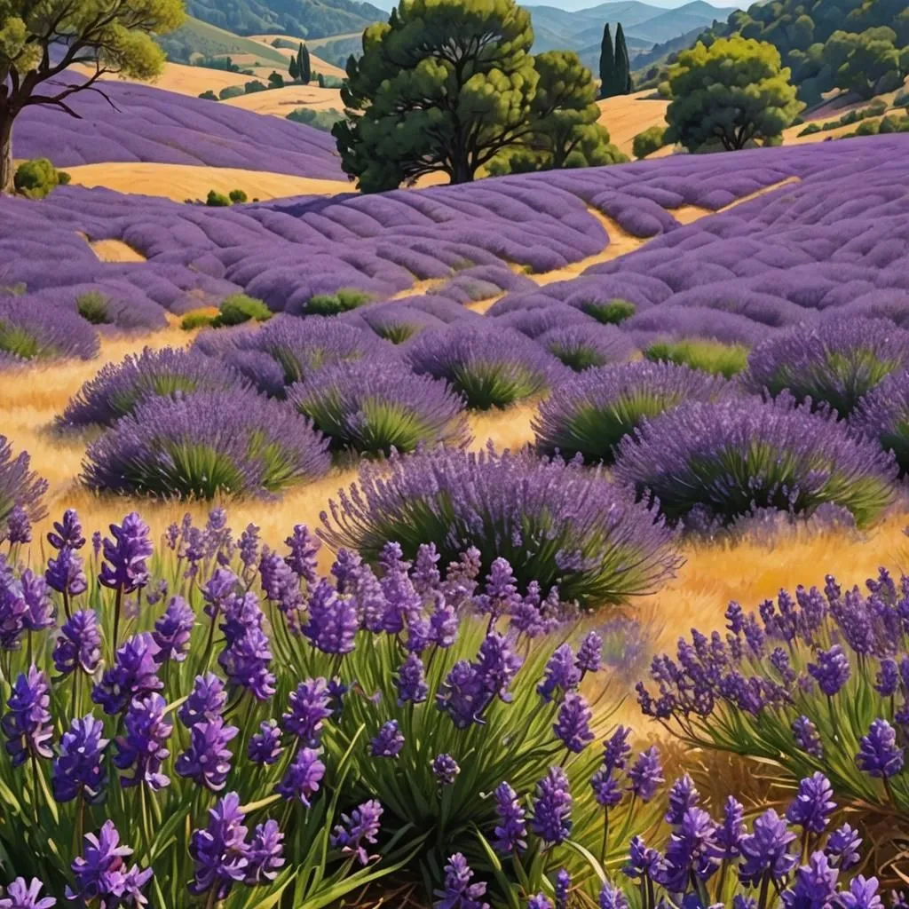 The image shows a field of lavender in bloom. The lavender is a beautiful purple color, and it is in full bloom. The field is surrounded by trees, and there are mountains in the background. The image is taken from a high angle, and it shows the beauty of the lavender field.