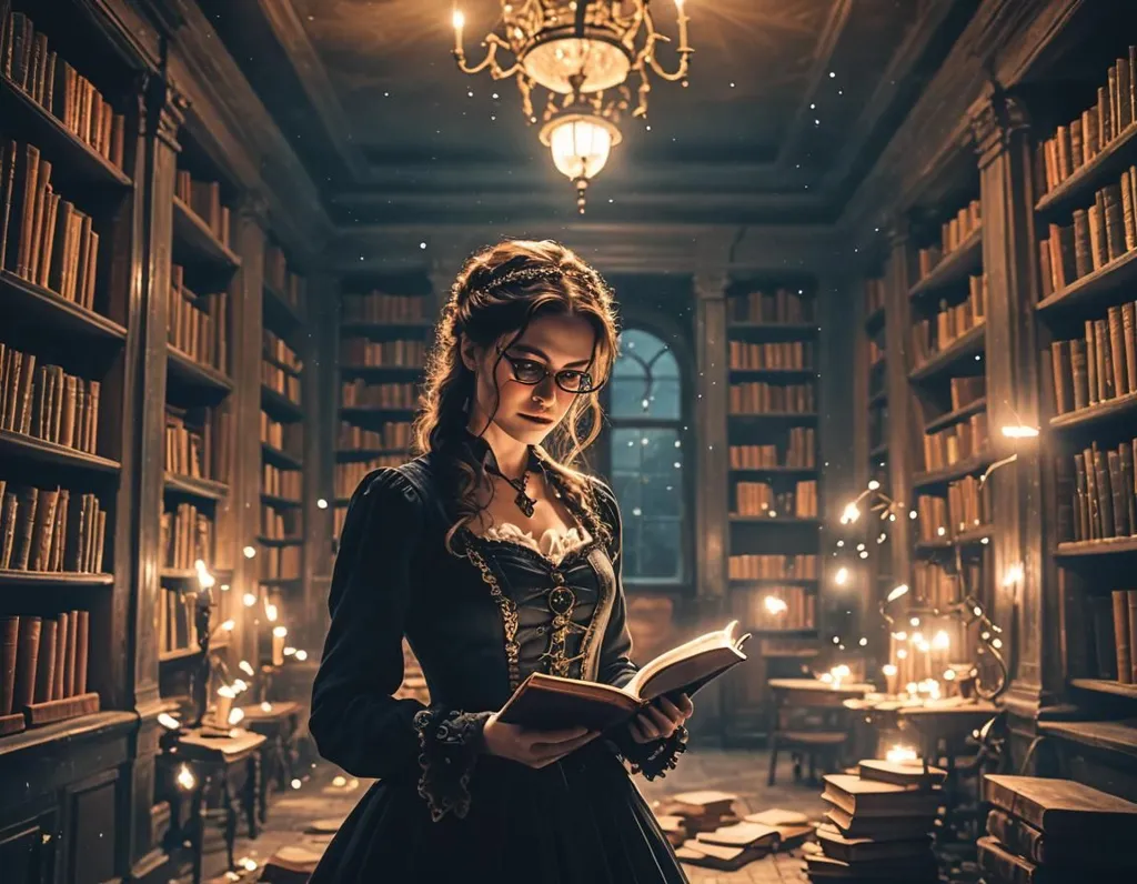 The image shows a young woman standing in a library. She is wearing a black dress with a white collar. She has long brown hair and is wearing glasses. She is reading a book. There are bookshelves all around her and a large chandelier hanging from the ceiling. The library is lit by candles. The woman is surrounded by a warm glow of light. She is lost in thought, and the image captures the beauty of her专注于阅读。