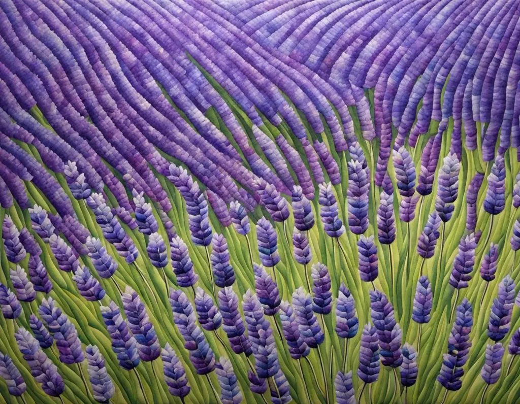 The image shows a field of lavender in bloom. The lavender is in shades of purple and blue, with some white flowers mixed in. The flowers are arranged in rows, with the rows running in different directions. The background is a light blue sky. The image is very calming and peaceful.